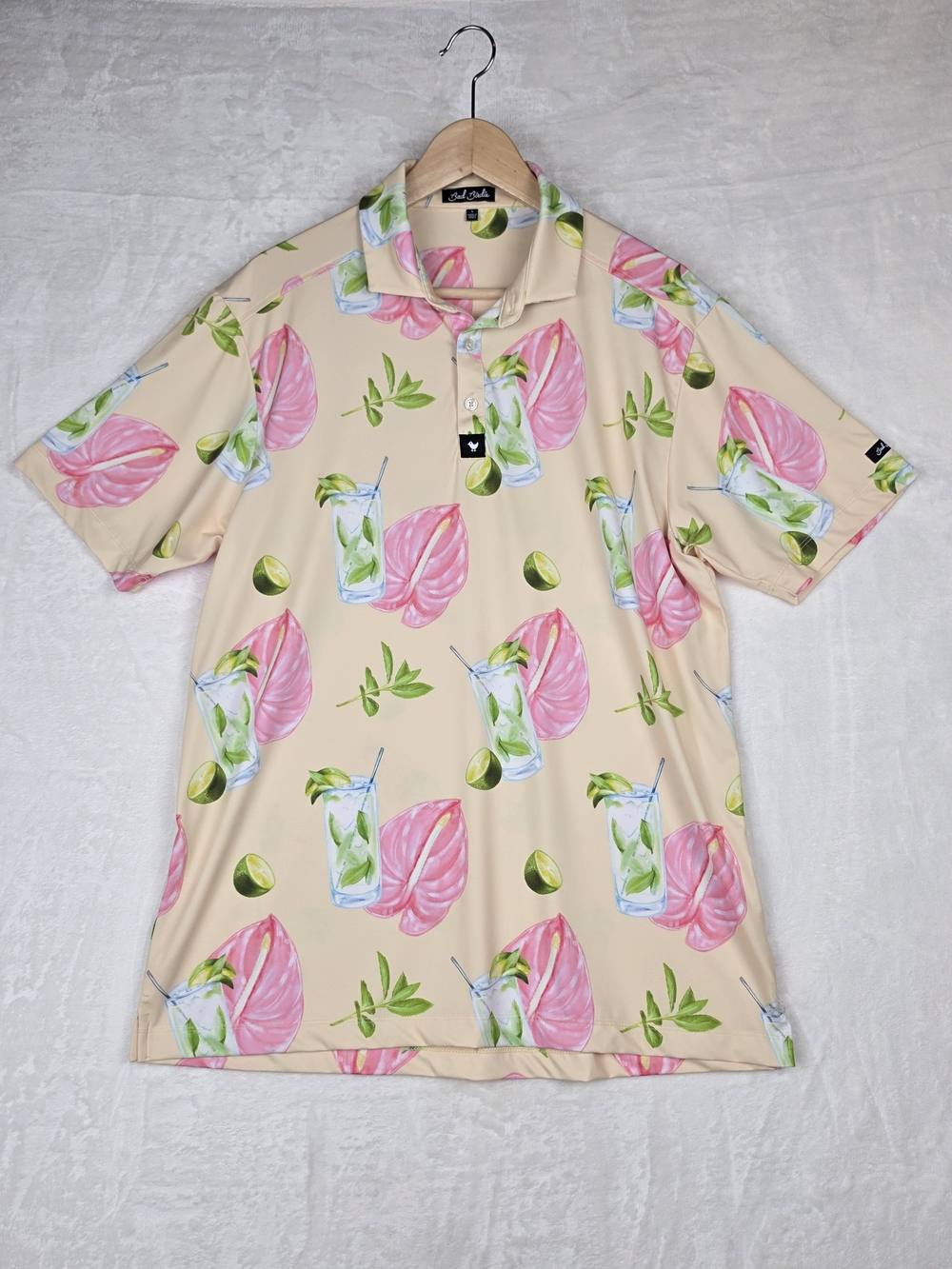 Bad Birdie Mojito Golf Polo Shirt Men's Large Cream Pink Tropical